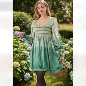 NWT Uo Isobel Smocked Velvet Mini Dress Green Holiday Sequins Embroidered